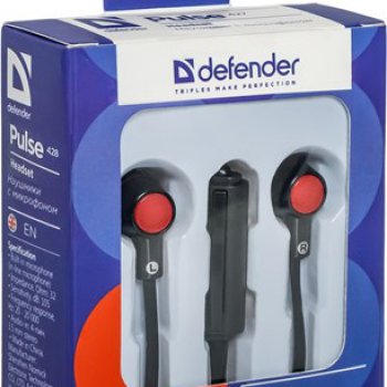 Гарнитура вкладыши Defender Pulse 428, 4-пиновый джек 3,5мм, чёрный/красный (1/160)