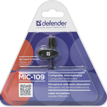 Микрофон Defender MIC-109 на прищепке, кабель 1.8м, чёрный (1/50)